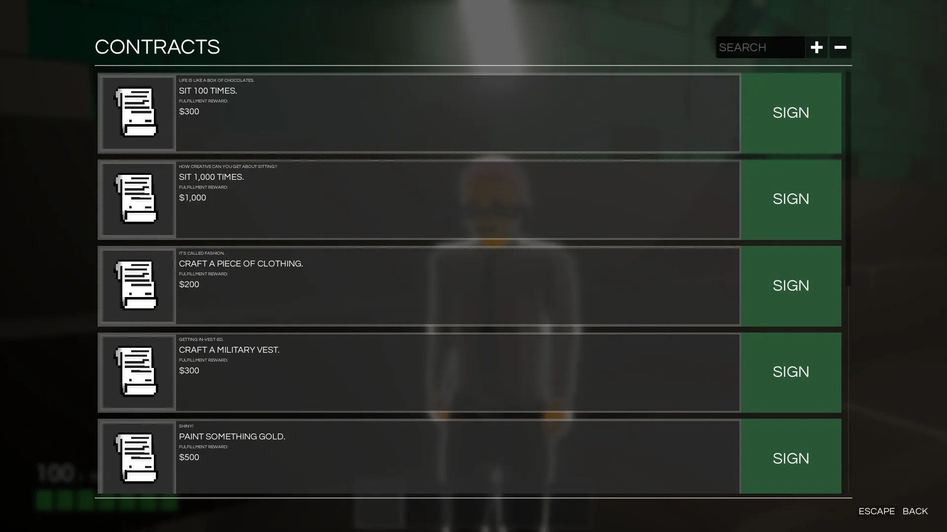 Contracts menu showing available goals for earning money