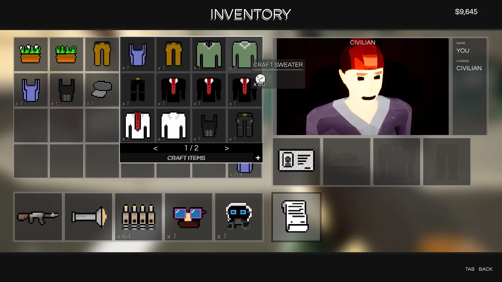 Crafting menu in the inventory showing available recipes