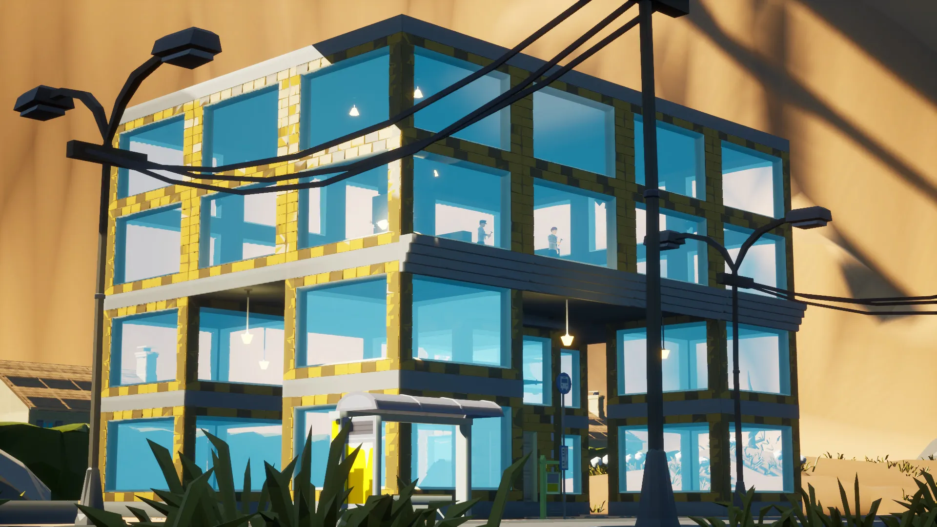 City architecture with visible interiors